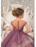 Beaded Purple Tulle Floor Length Horsehair Hem Flower Girl Dress